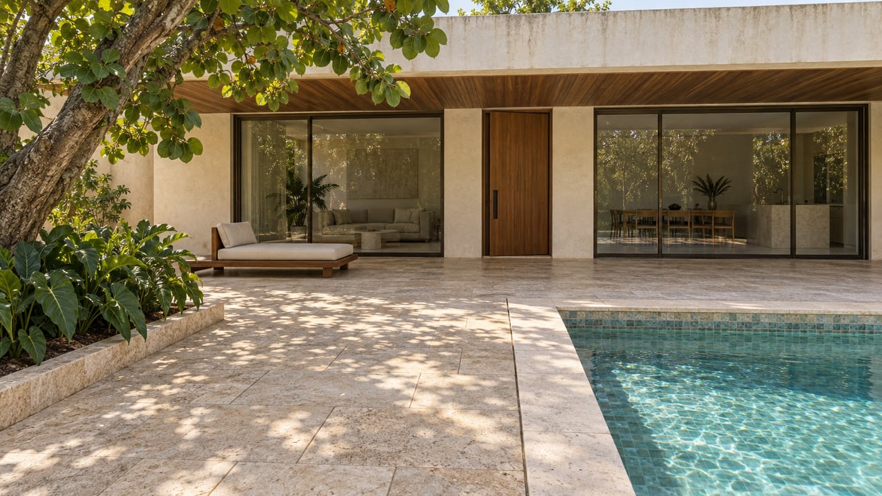 Elevated view across a limestone pool terrace toward a low-rise villa with teak soffits, bronze-framed glass doors and a mature sea grape tree.