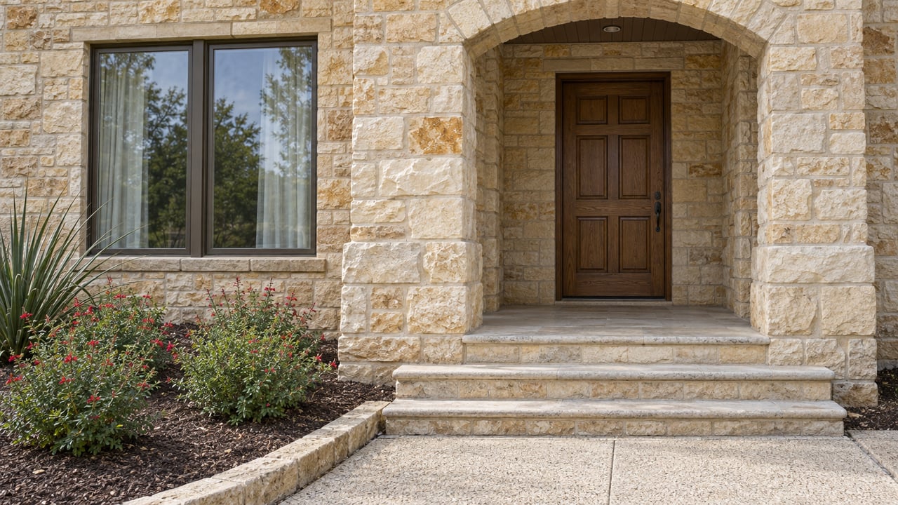 Cream limestone home entry with a recessed oak door, paired bronze-framed window, worn stone steps and a small flowering planting bed.
