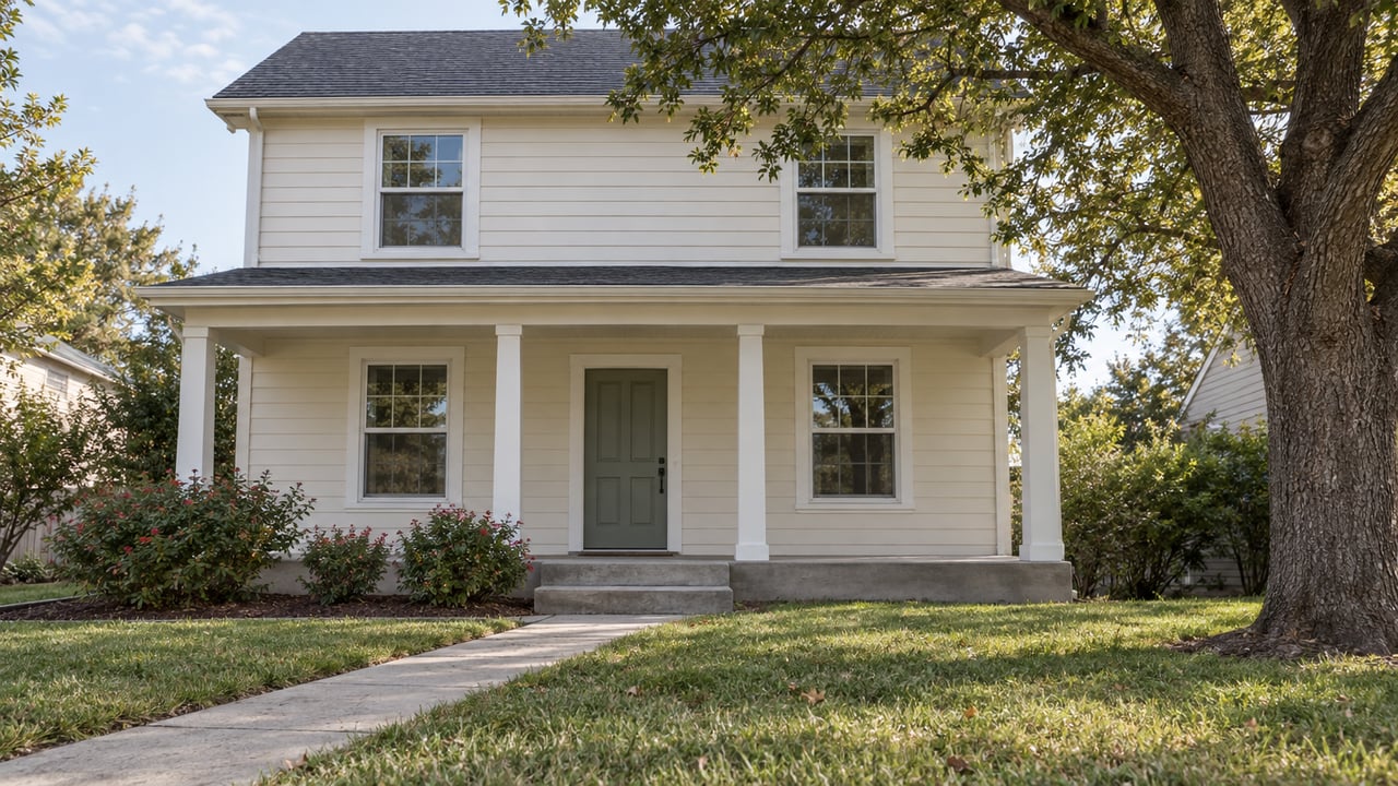 An ivory-sided two-story home with a covered porch, sage entry door, deep front lawn and mature live oak in soft morning light.