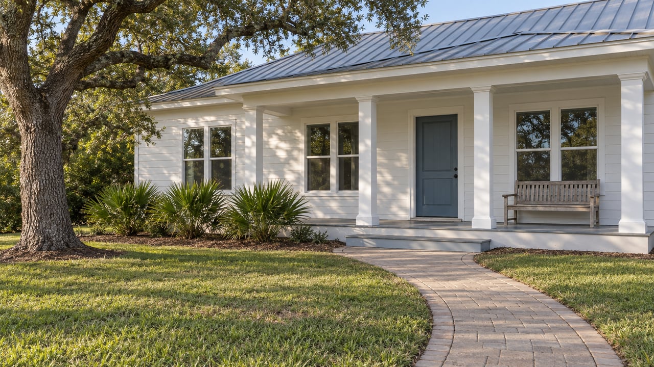 White lap-sided home with a gray metal roof, blue front door, covered porch, and a curved paver walk beneath a spreading live oak.