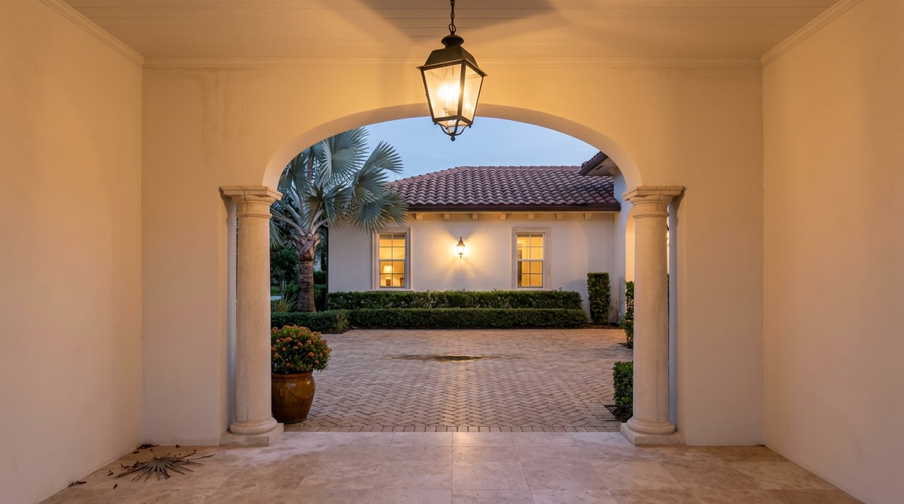 Wrought-iron lantern beneath a stucco arch frames a palm and lit courtyard wing at dusk.