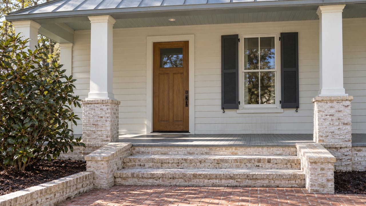 Ivory clapboard bungalow porch with a wood entry door, shuttered window, limewashed brick steps and a glossy camellia beside the approach.