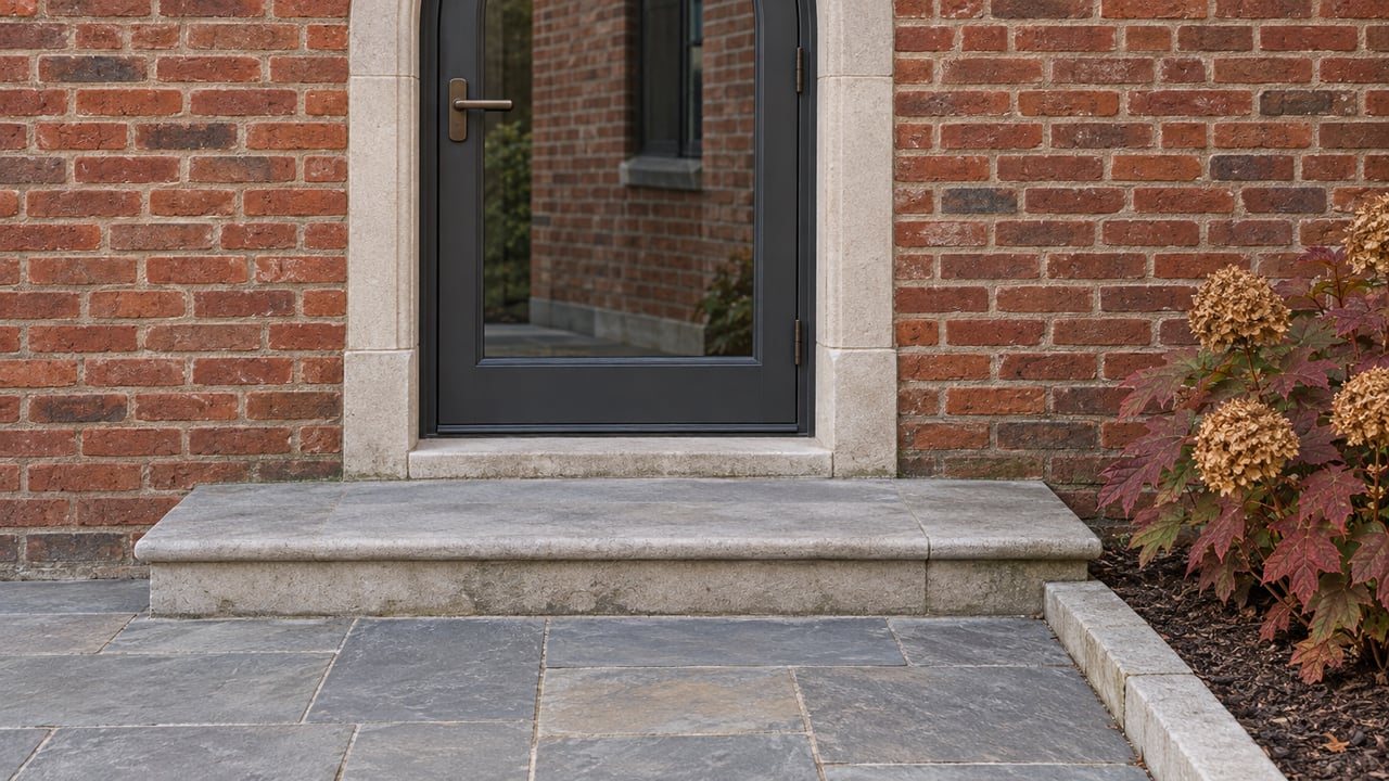 Red-brick residential entrance with a charcoal arched glass door, worn limestone steps and burgundy oakleaf hydrangea beside a stone terrace.