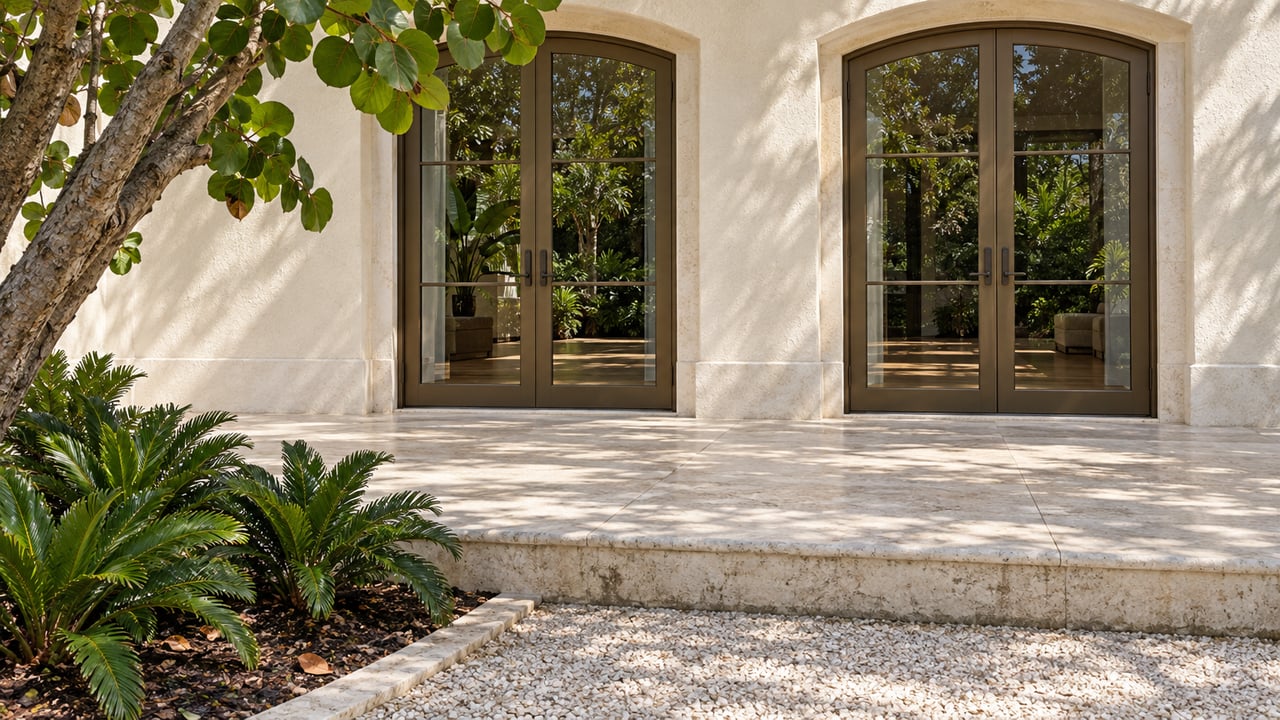 Cream stucco villa with closed bronze-framed glass doors, a weathered limestone terrace and sea-grape foliage beside a neatly edged garden.