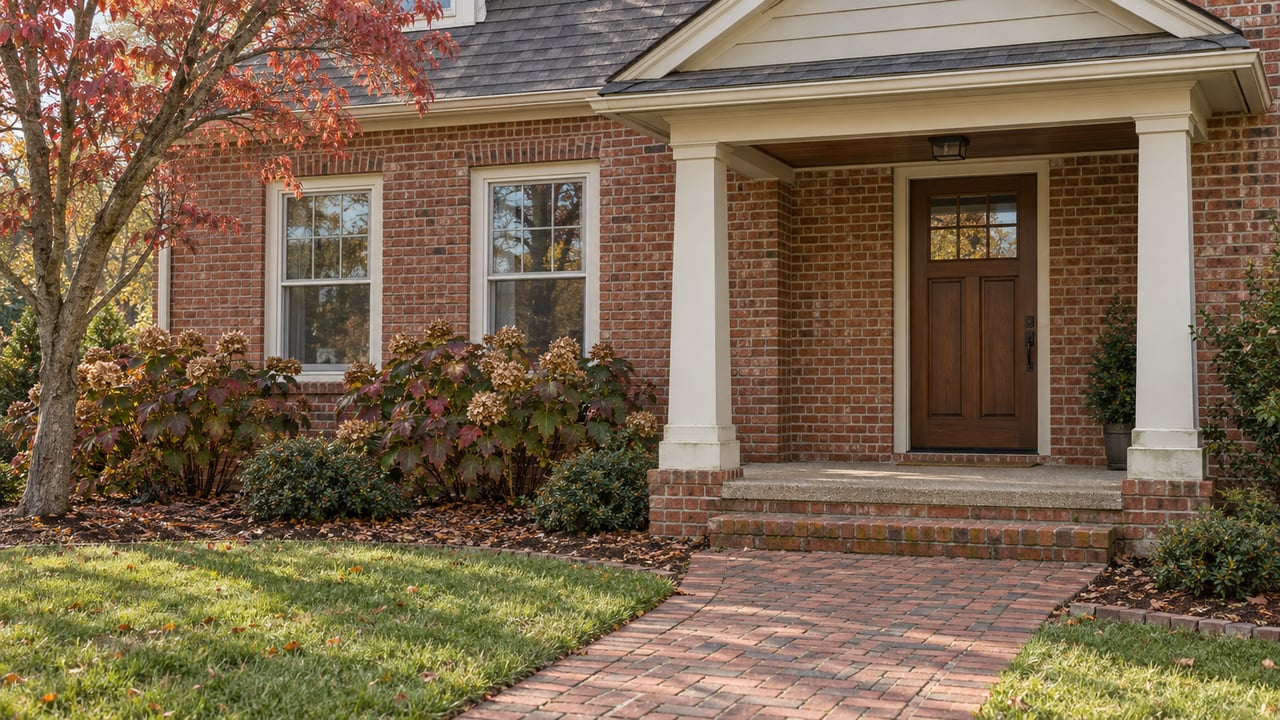 Brick home with a cream-painted gable and columned porch, a clay-paver approach, and autumn dogwood and oakleaf hydrangeas.