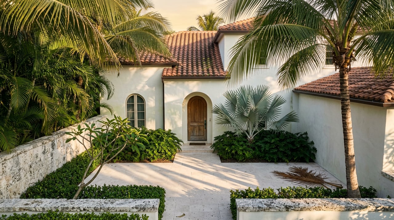 Palm-filled courtyard with a two-story white stucco home, terracotta roof tiles, and a centered arched entry.