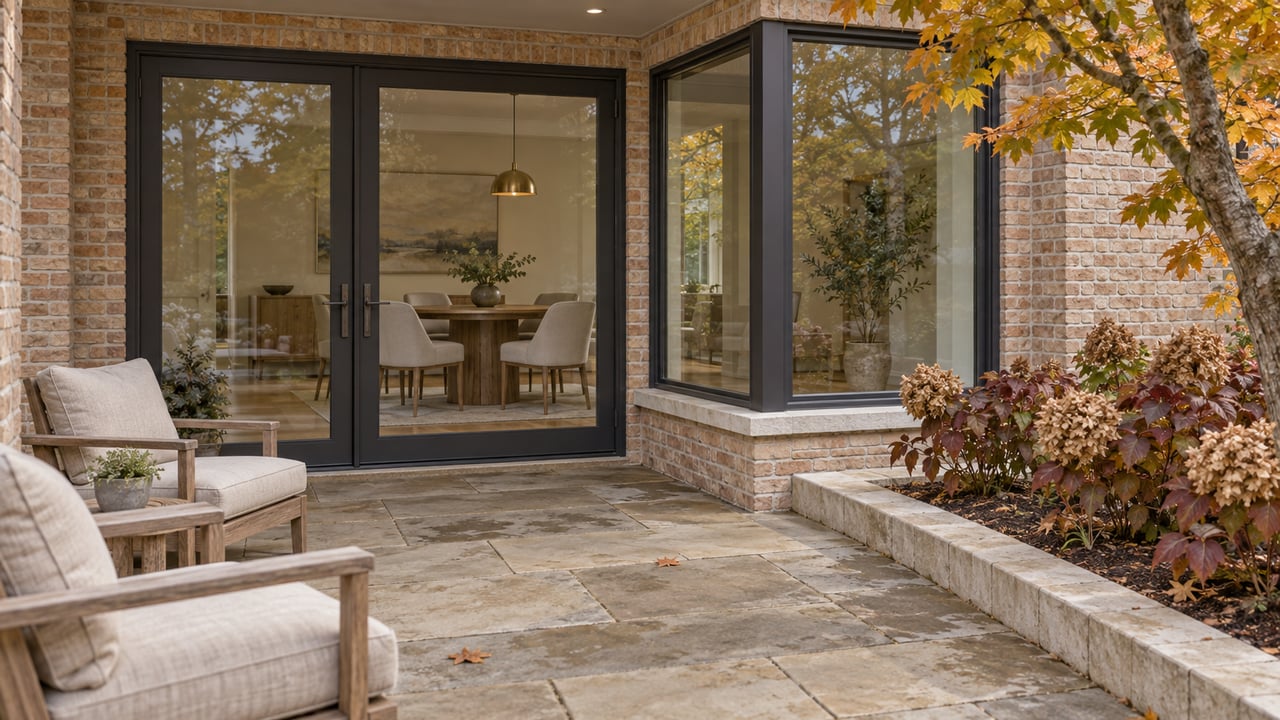 Buff-brick home with closed dark-framed glass doors, a limestone terrace, teak chairs and copper-colored autumn planting.