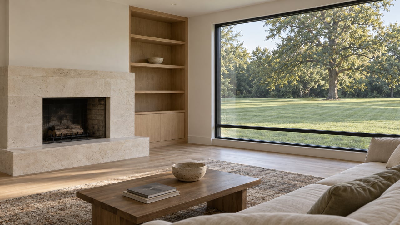 Living room with a limestone fireplace, pale-oak built-ins, and a broad window overlooking a lawn and oak tree.