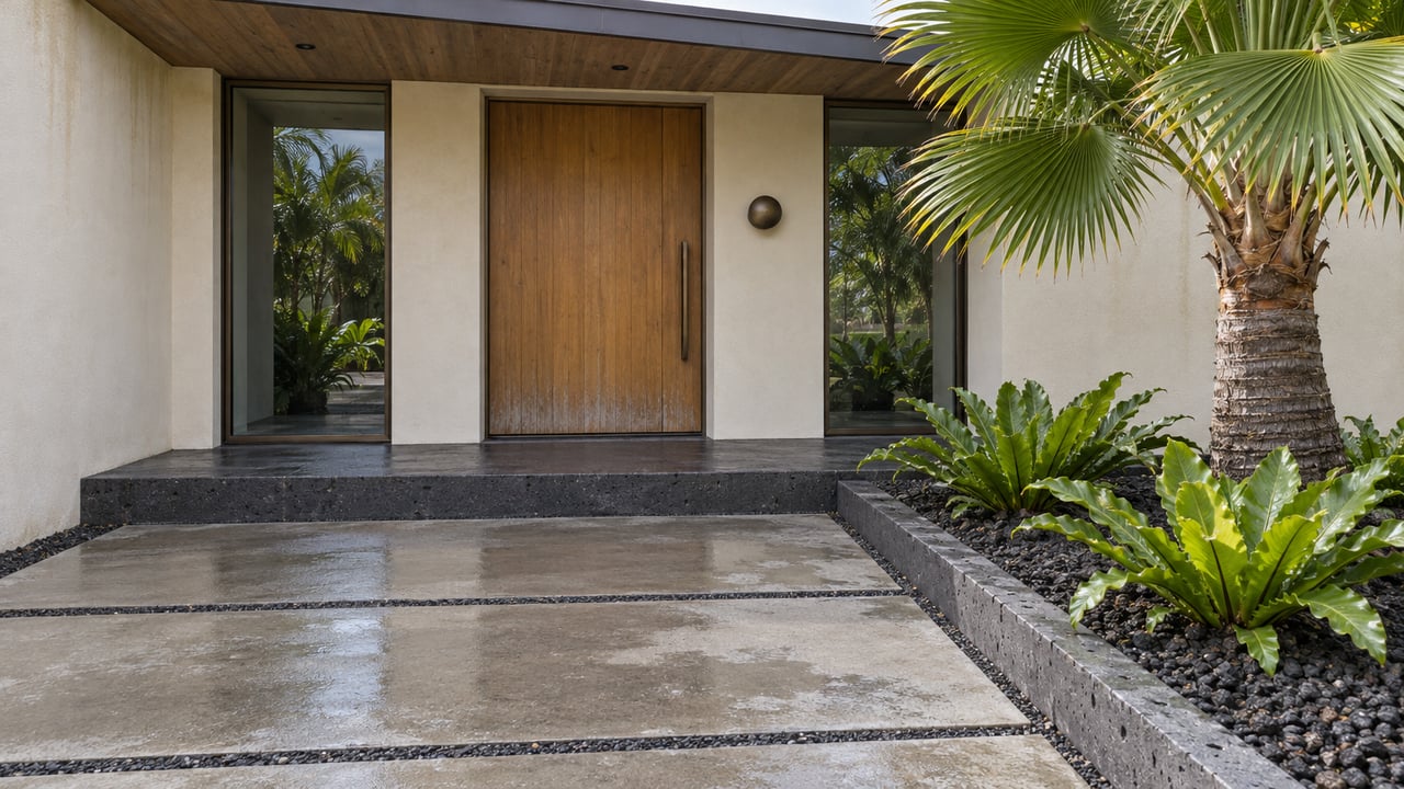 Rain-damp concrete approach leads to a sheltered timber entrance between bronze-framed windows, beside a fan palm and bird’s-nest ferns.