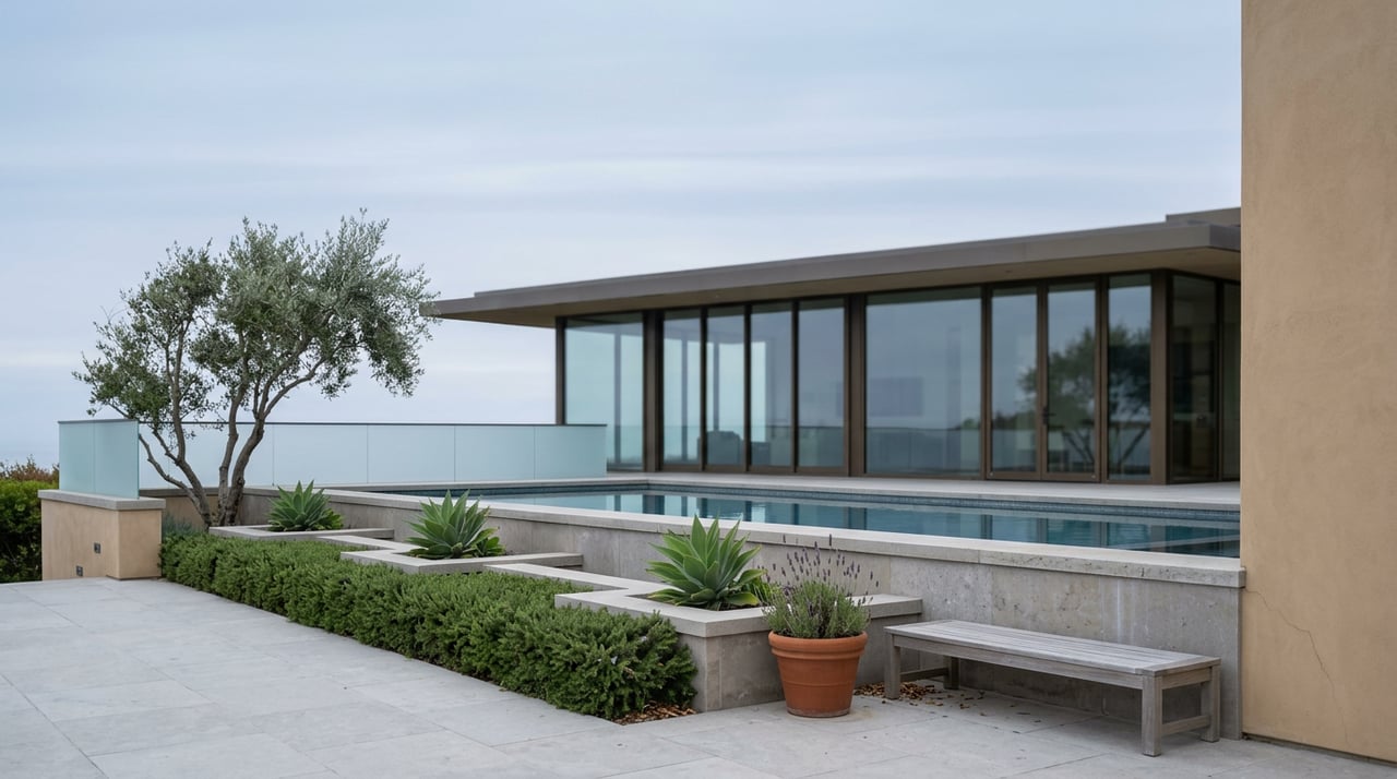 Contemporary home's terrace with an infinity pool, glass balustrade, olive tree, and silver-grey teak bench.