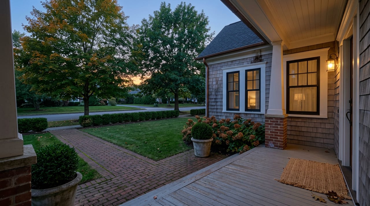 Suburban porch at dusk, with a warm-lit door, brick walk, clipped hedge, and canopy trees framing the lawn.
