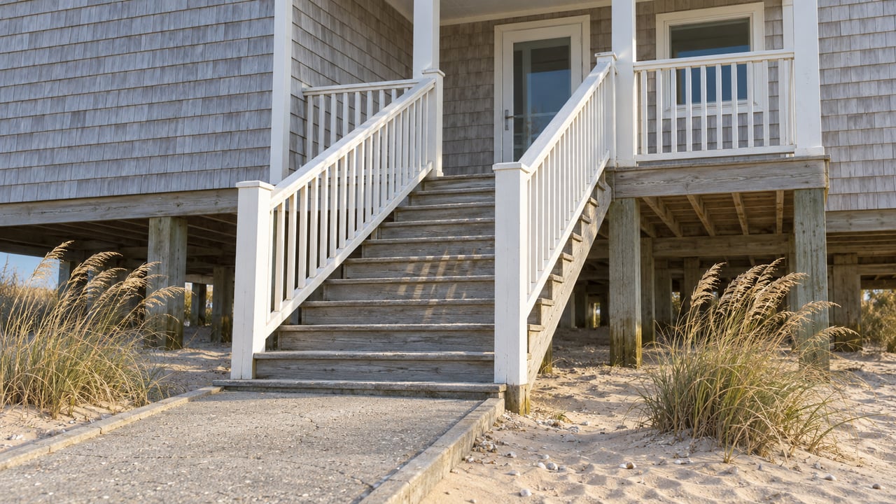 Salt-weathered gray shingles, white stair railings and timber pilings on a raised house, with sea oats beside a sandy concrete approach.