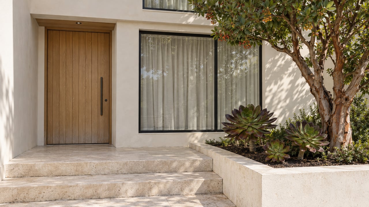 Pale stucco home entry with an oak door, limestone steps and a sculptural strawberry tree in a raised stone planter.
