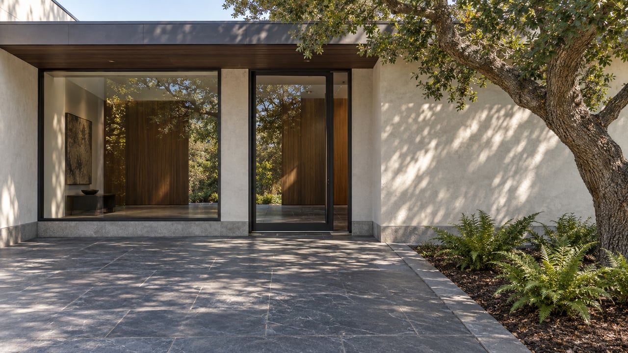 Contemporary glazed home entry with dark slate paving and a mature oak shading the landscaped approach.