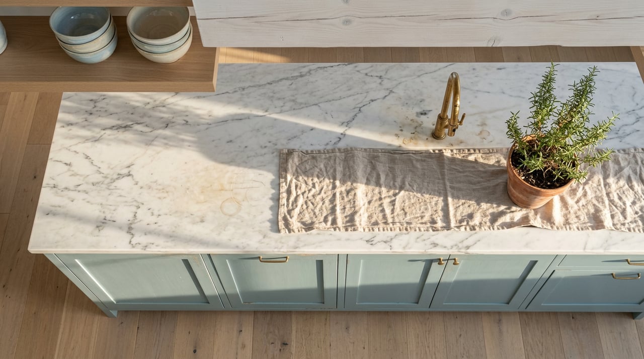 Marble kitchen island with seafoam cabinetry, a patinated brass faucet, rosemary, and stacked blue and cream bowls.