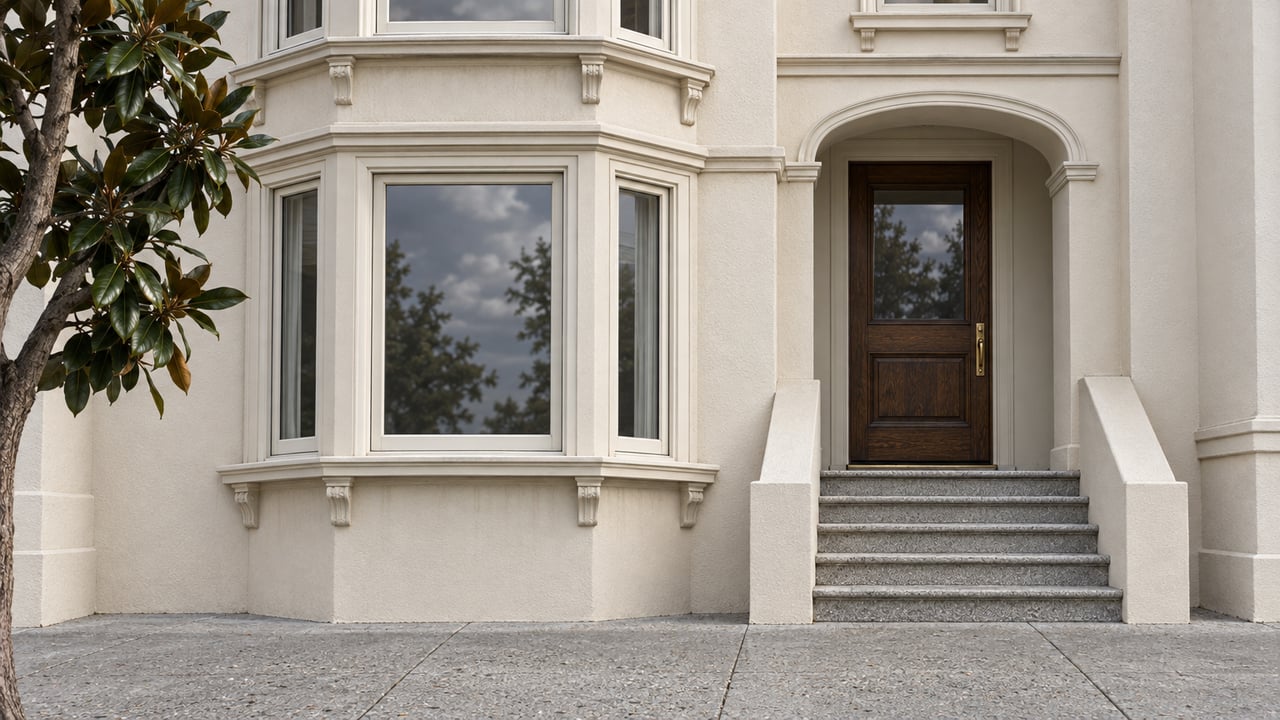 Cream stucco home with stacked bay windows, a recessed oak entry door and gray terrazzo steps in soft coastal daylight.
