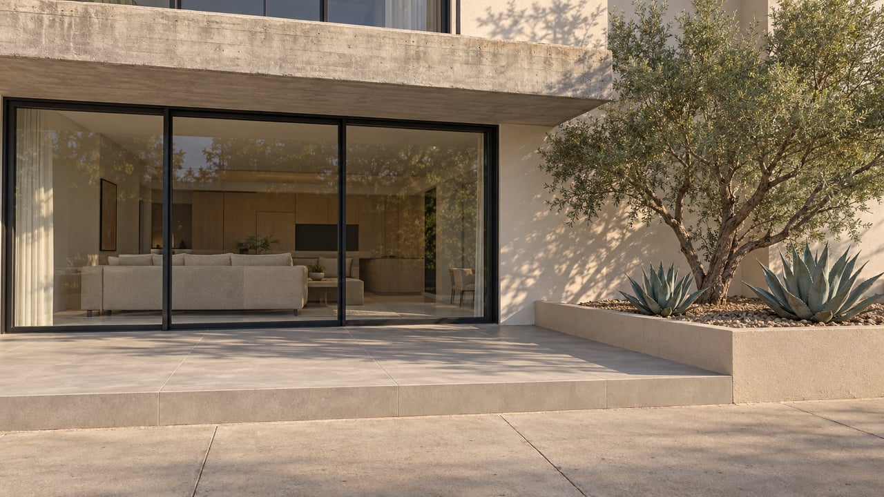 Sunlit contemporary condominium terrace with pale concrete, black-framed glass doors and a sculptural desert ironwood in a raised planting bed.