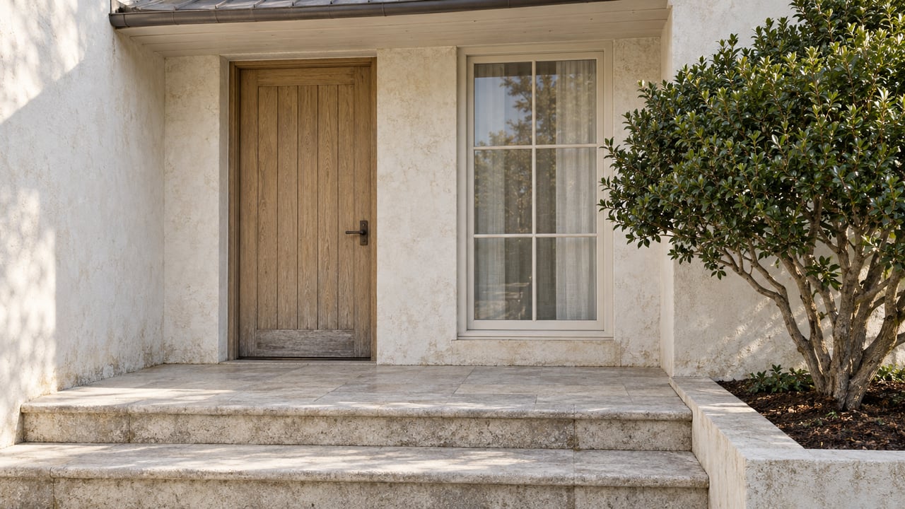 Pale stucco cottage entry with a weathered oak door, limestone steps, and a sculptural yaupon beside a closed window.