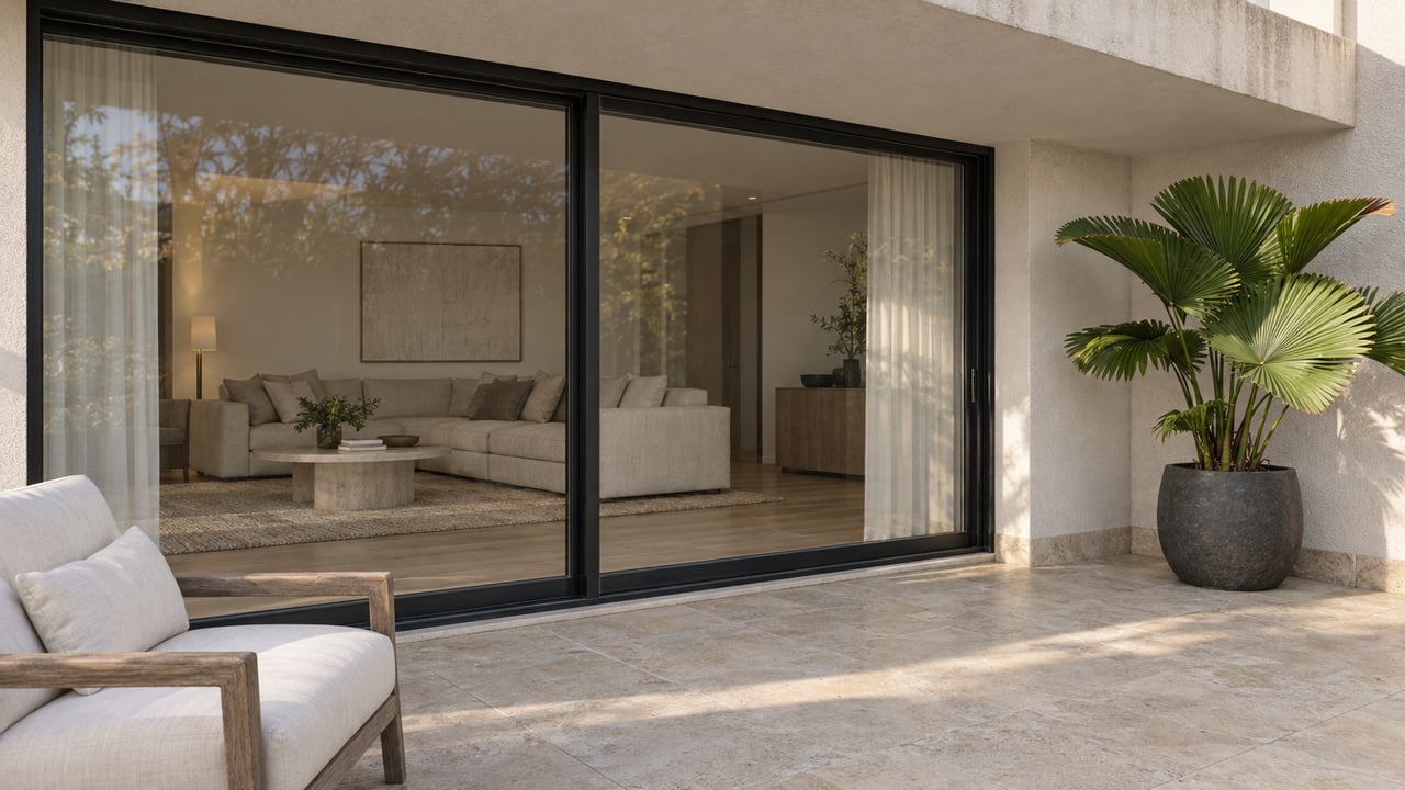 Covered condominium terrace with pale stone flooring, black-framed glass doors, a teak chair, and a sculptural fan palm.