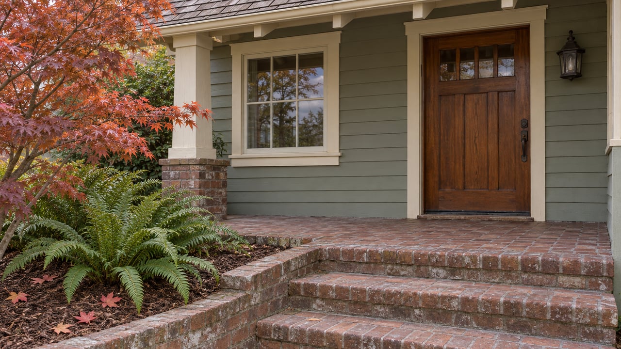 Sage-painted bungalow porch with a wood front door, worn brick steps and a copper-red Japanese maple.