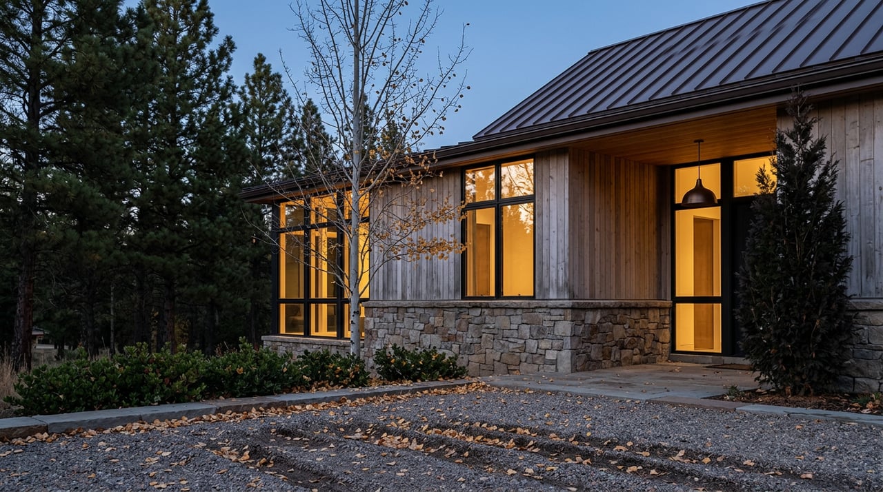 Mountain-modern home with glowing windows above a gravel court, framed by dark conifers at dusk.