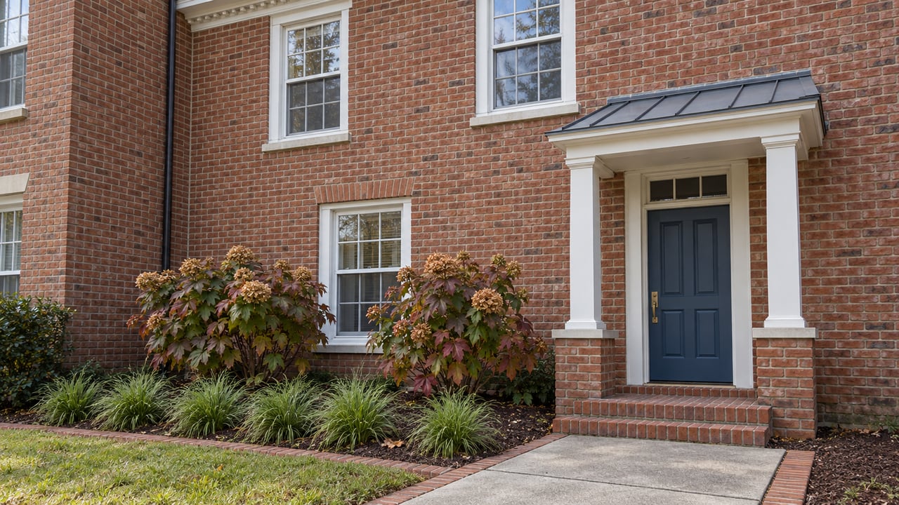 Red-brick townhome with white-trimmed sash windows, a blue front door, brick steps and oakleaf hydrangeas beside a concrete walk.