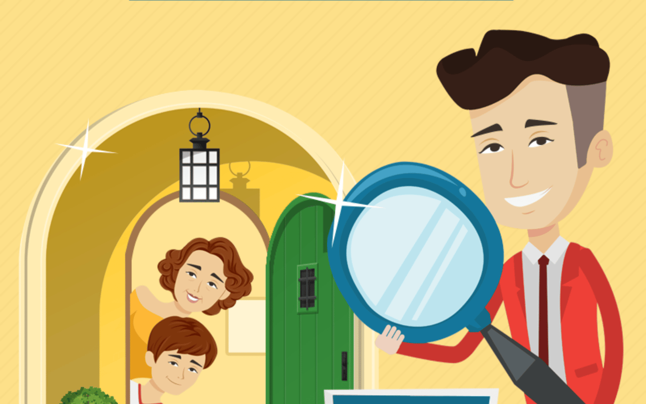 Cartoon real estate agent examines a home with a magnifying glass as a family peeks from the doorway.