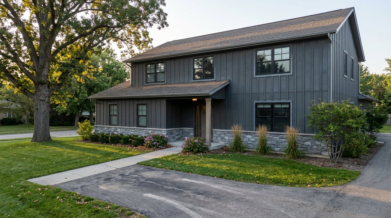 Two-story house with dark vertical siding, a stone base, black-framed windows, and a mature oak beside the lawn.