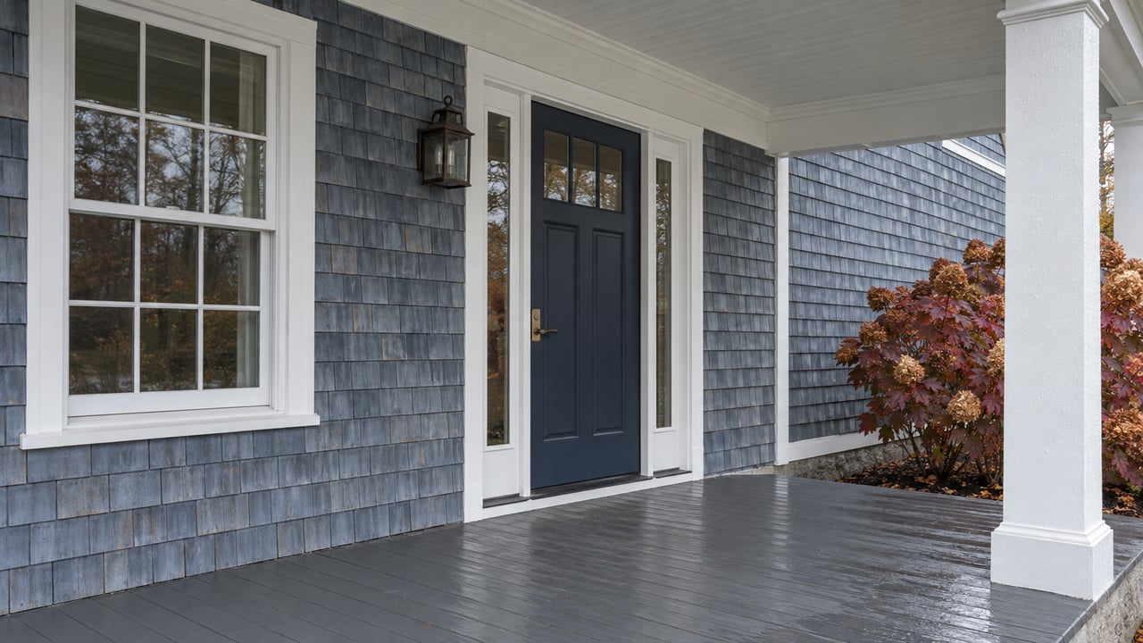 A sheltered porch with blue-gray cedar shingles, a navy entrance door, white millwork and burgundy oakleaf hydrangea beside a granite foundation.