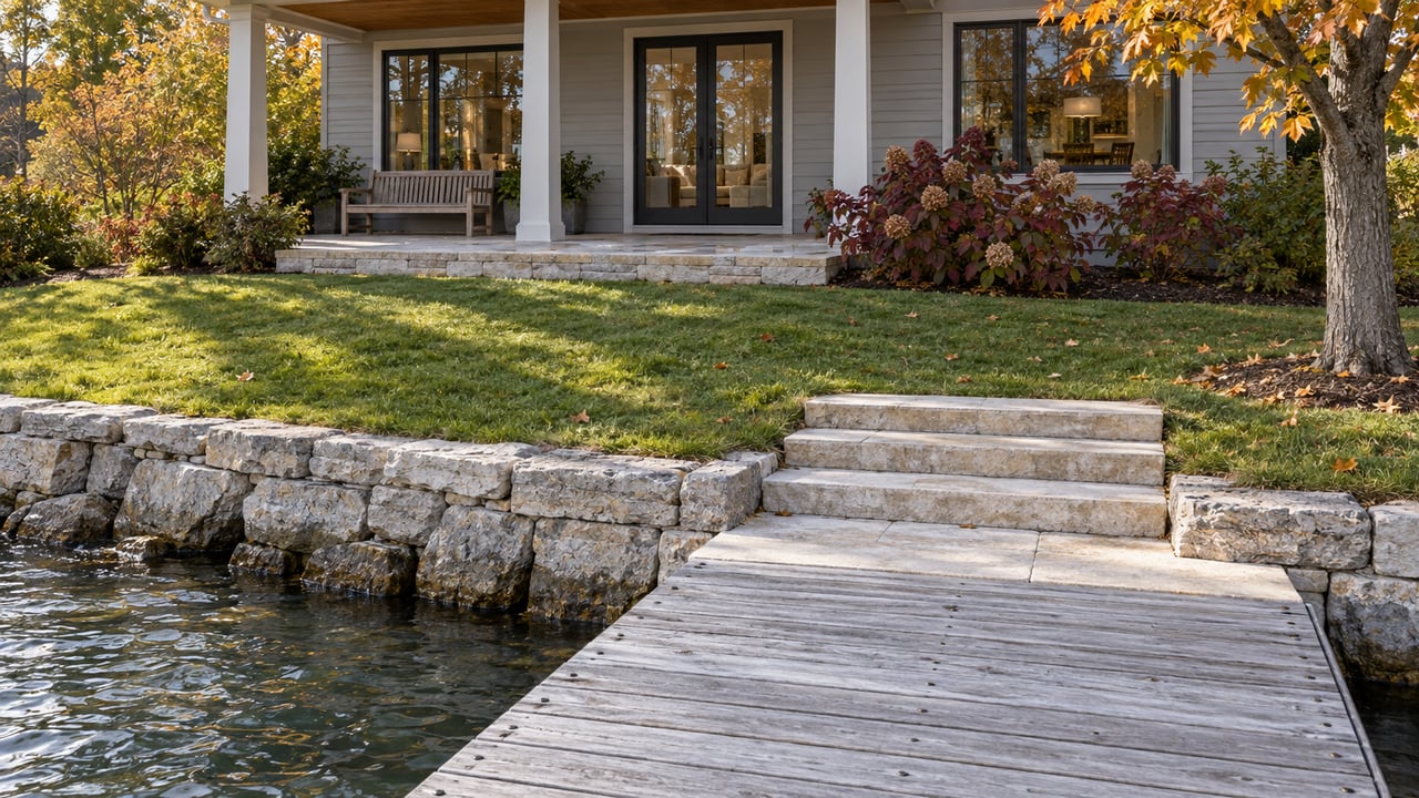 Gray-sided waterfront home with a covered limestone terrace, autumn maple foliage and a weathered timber dock meeting the shore.