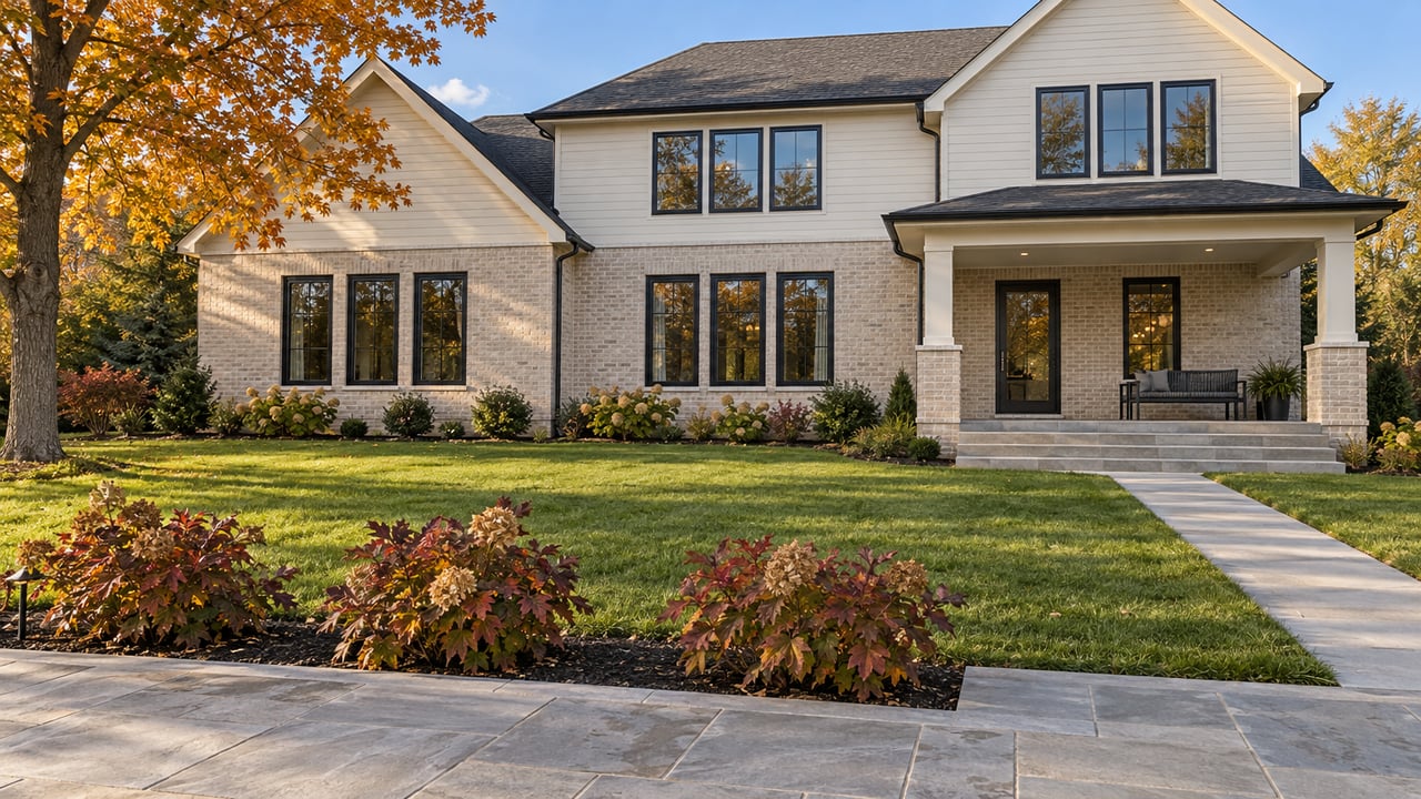 Large gabled home with pale brick, ivory siding and grouped dark windows beyond a deep autumn lawn and limestone terrace.