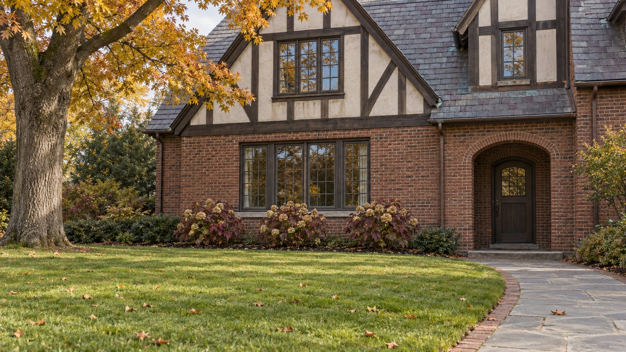 A substantial brick and half-timbered home behind a deep autumn lawn, with a curving bluestone walk and recessed arched entry.