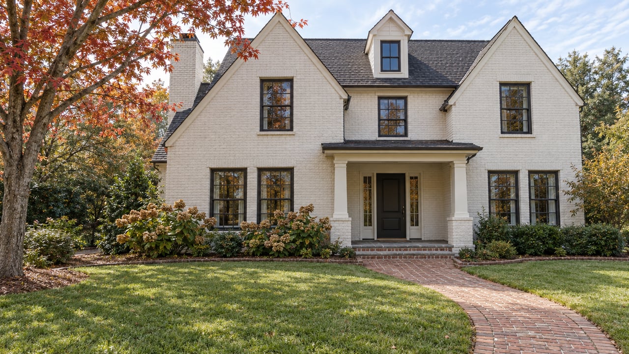 Painted-brick two-story home with a steep gabled roof, covered entrance, curved brick walkway, and deep front lawn beneath a partly autumn-colored maple.