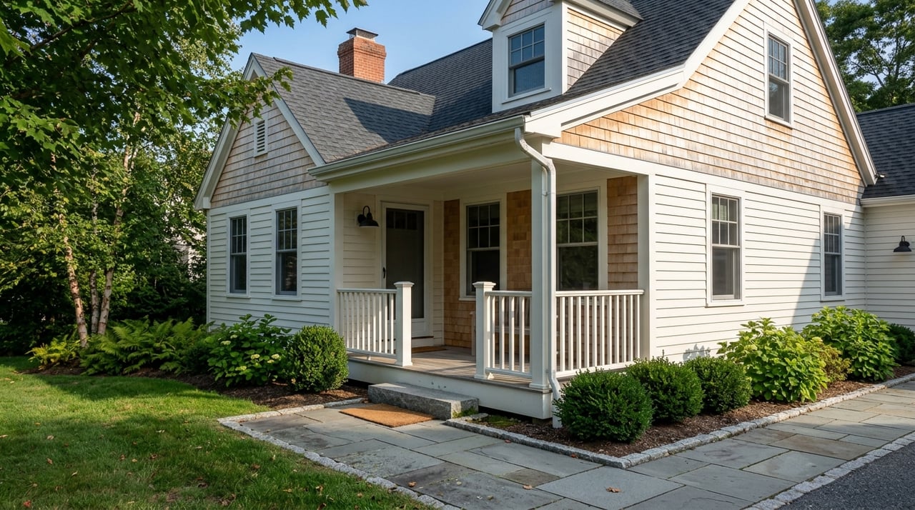 A porch with clapboard siding and shingles, seen from an angled view.