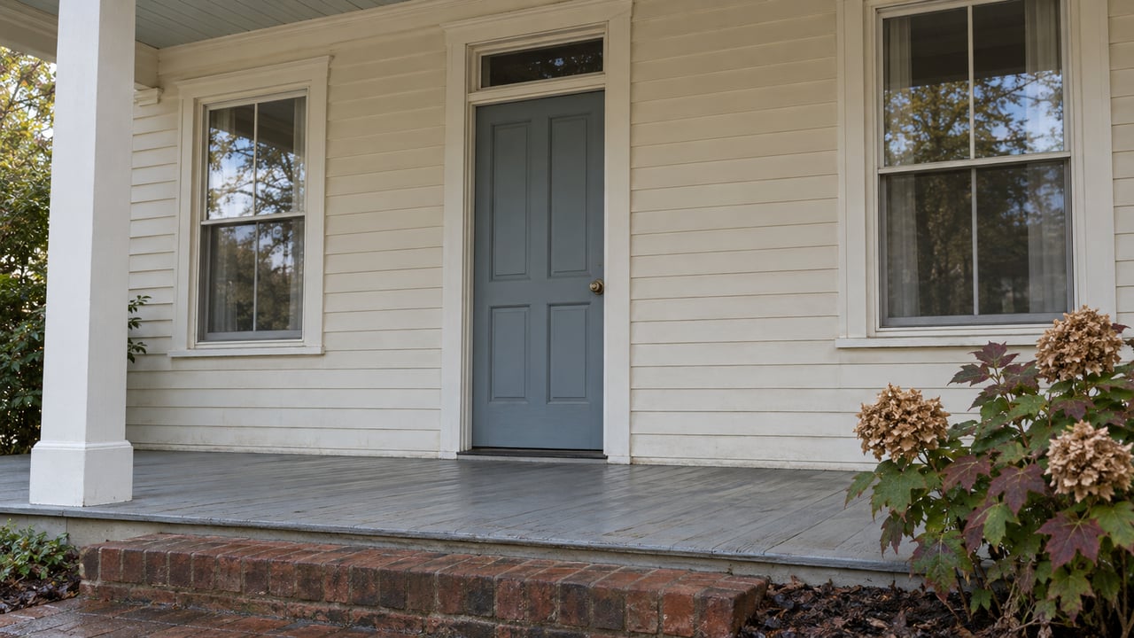 Ivory clapboard entry with a blue-gray door, paired sash windows, weathered porch boards and a brick step beside oakleaf hydrangea.
