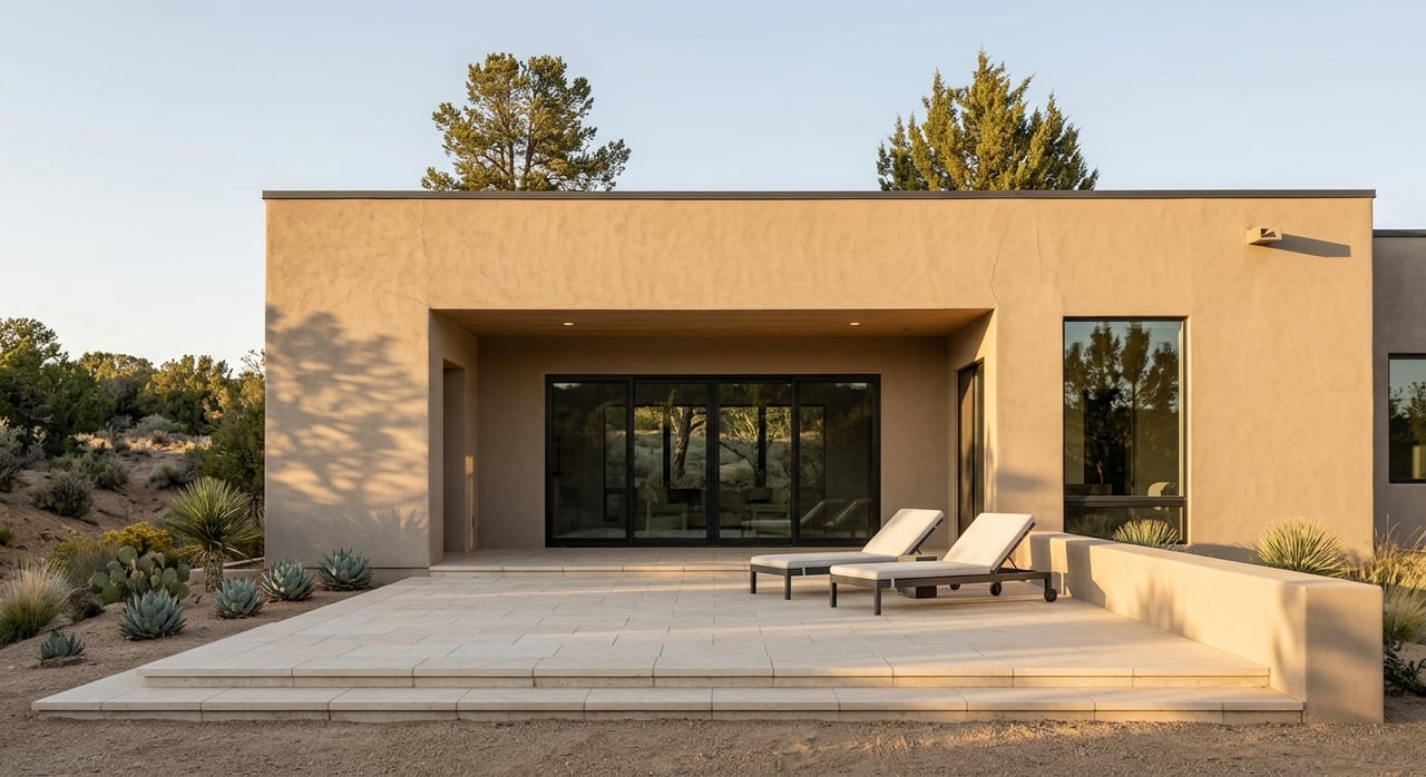 Rear terrace with a stucco portal opening onto a naturalized wash, framed by pinyon-juniper trees.