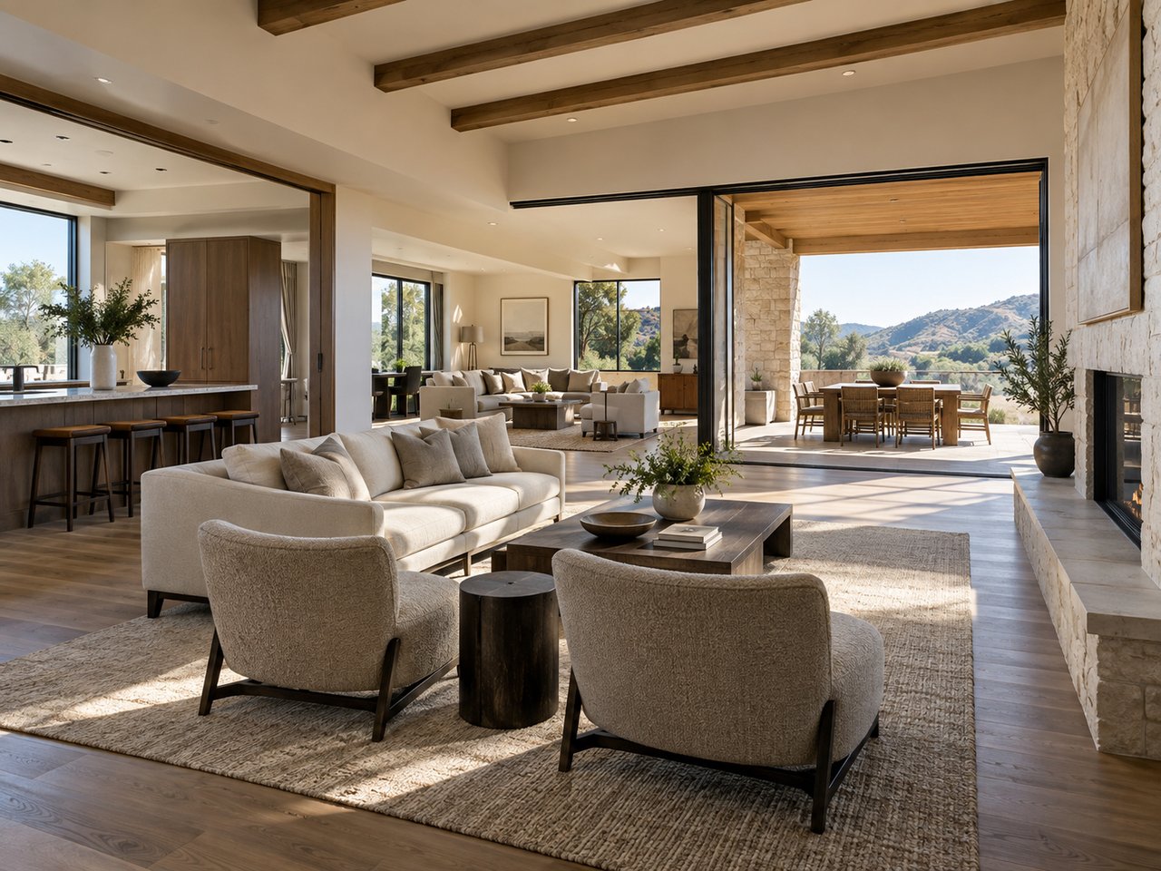 A refined interior sequence reveals formal living, casual gathering, and protected outdoor spaces without allowing furnishings to dominate the architecture.