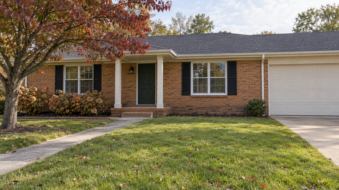 Brick ranch home with a deep autumn lawn, a covered entry, black shutters, and a burgundy-leaved dogwood.