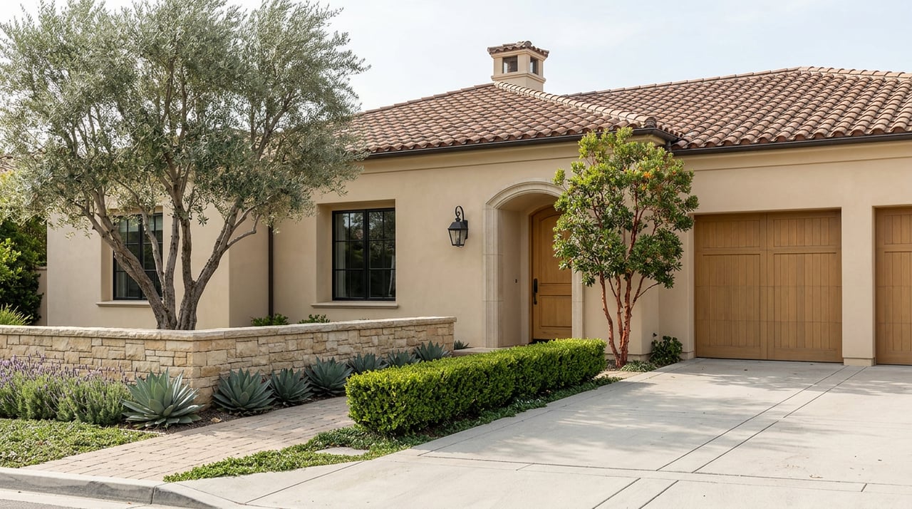 Spanish Revival home with a clay tile roof, arched stone entry, olive tree, and broad driveway.