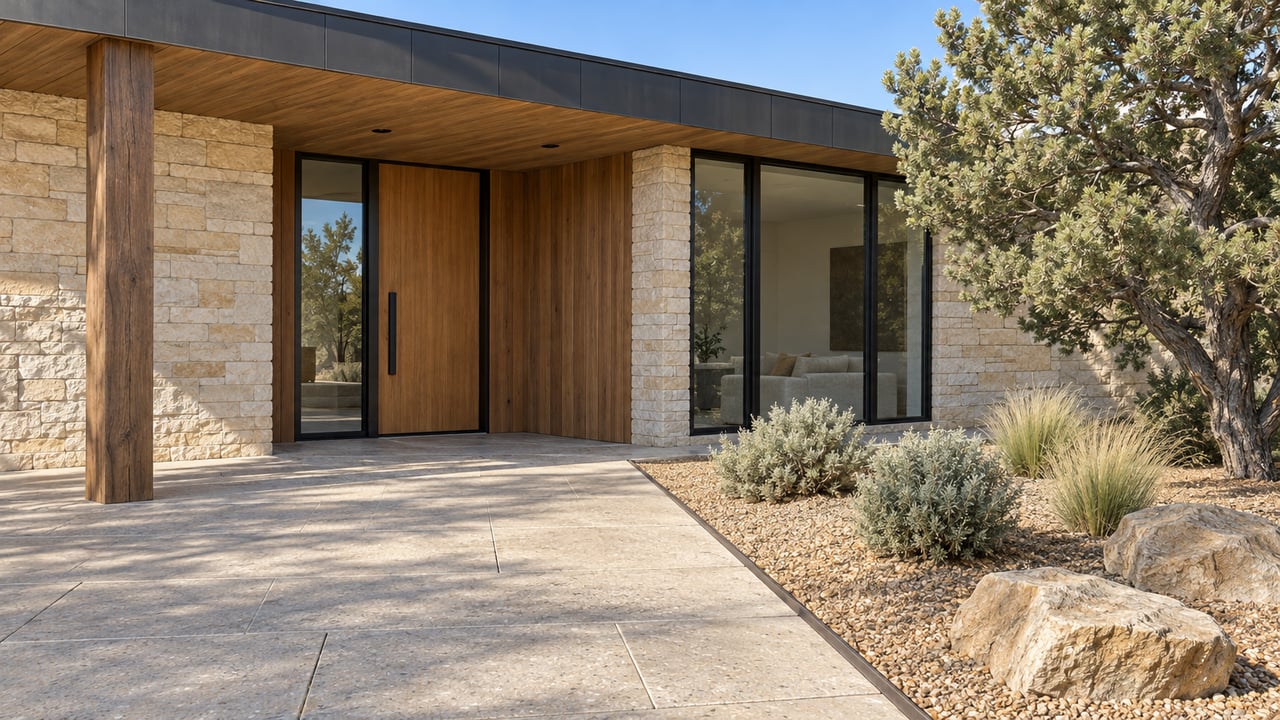 Low-profile home entry with buff stone, warm wood, black-framed glazing, and a broad paved approach beside sculptural dry-climate planting.