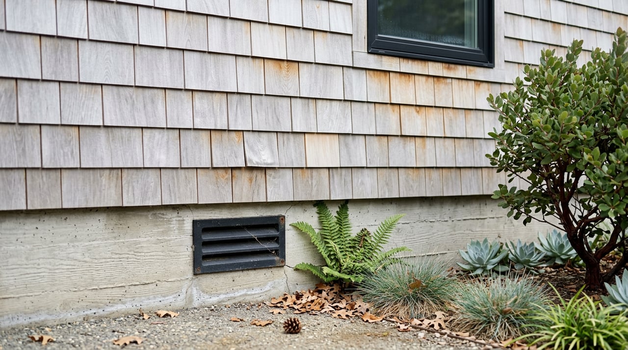 Silver-gray cedar shingles above a board-formed concrete foundation, with a black vent and drought-tolerant plants.