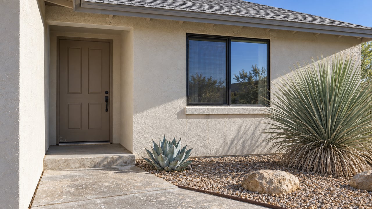 Stucco home entrance with recessed taupe door, dark window, desert spoon and agave in gravel.