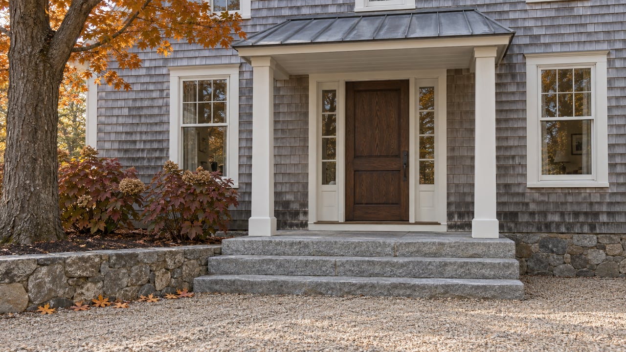 Weathered cedar-shingle home with a dark oak side entrance, granite steps, and copper-orange maple foliage beside a gravel arrival court.