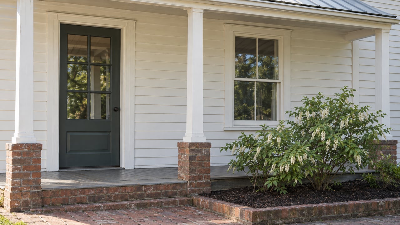 Off-white clapboard house with a glazed timber door, double-hung window, brick porch step, and garden shrub.