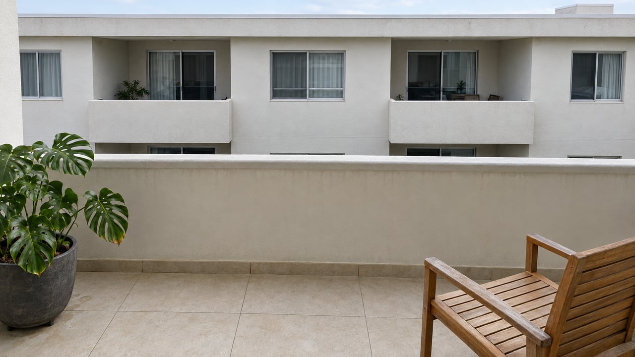 Pale tiled residential lanai with a weathered teak chair and potted monstera facing a close off-white condominium facade.
