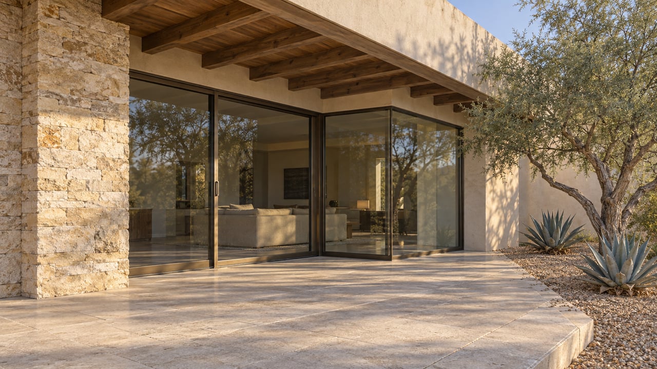 Low view across a limestone terrace toward a stucco home with bronze-framed glass, cedar roof beams, an ironwood tree and two agaves.