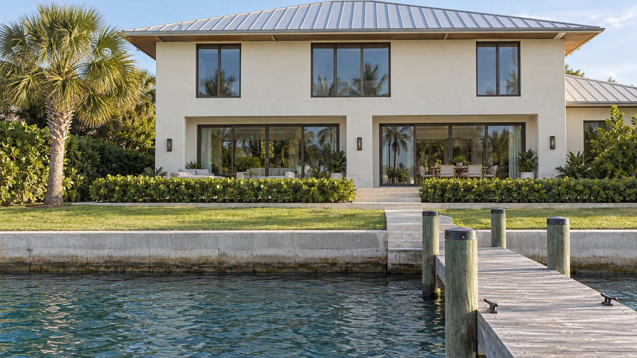 Two-story cream stucco waterfront house with a pale metal roof, viewed across a dock and rippled water.