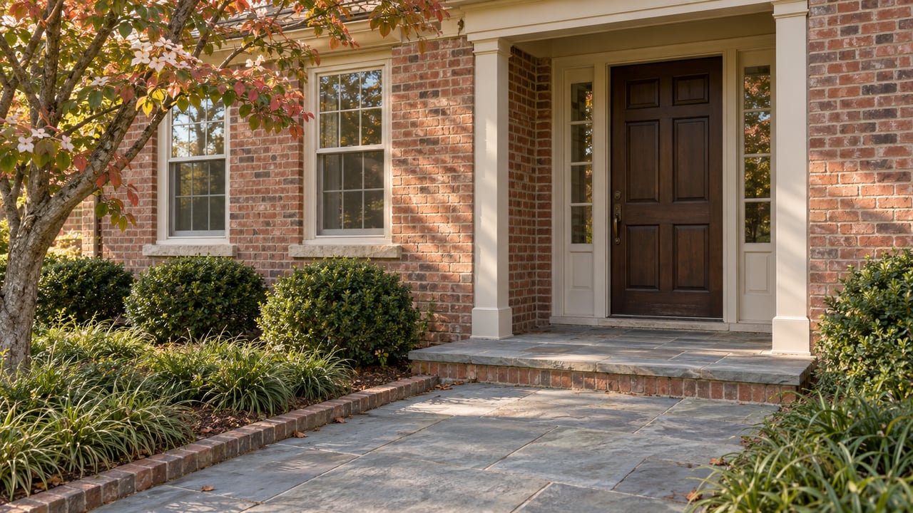 Brick house entry with a dark paneled door, bluestone walk, and flowering dogwood at left.