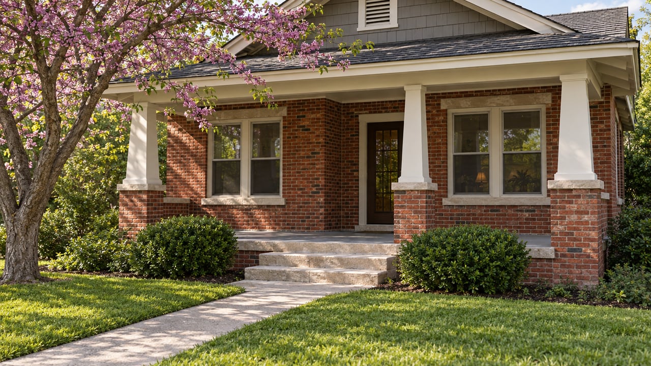 Historic red-brick bungalow with a white-columned porch, diagonal concrete walk, lawn, and a tree beside the gable.