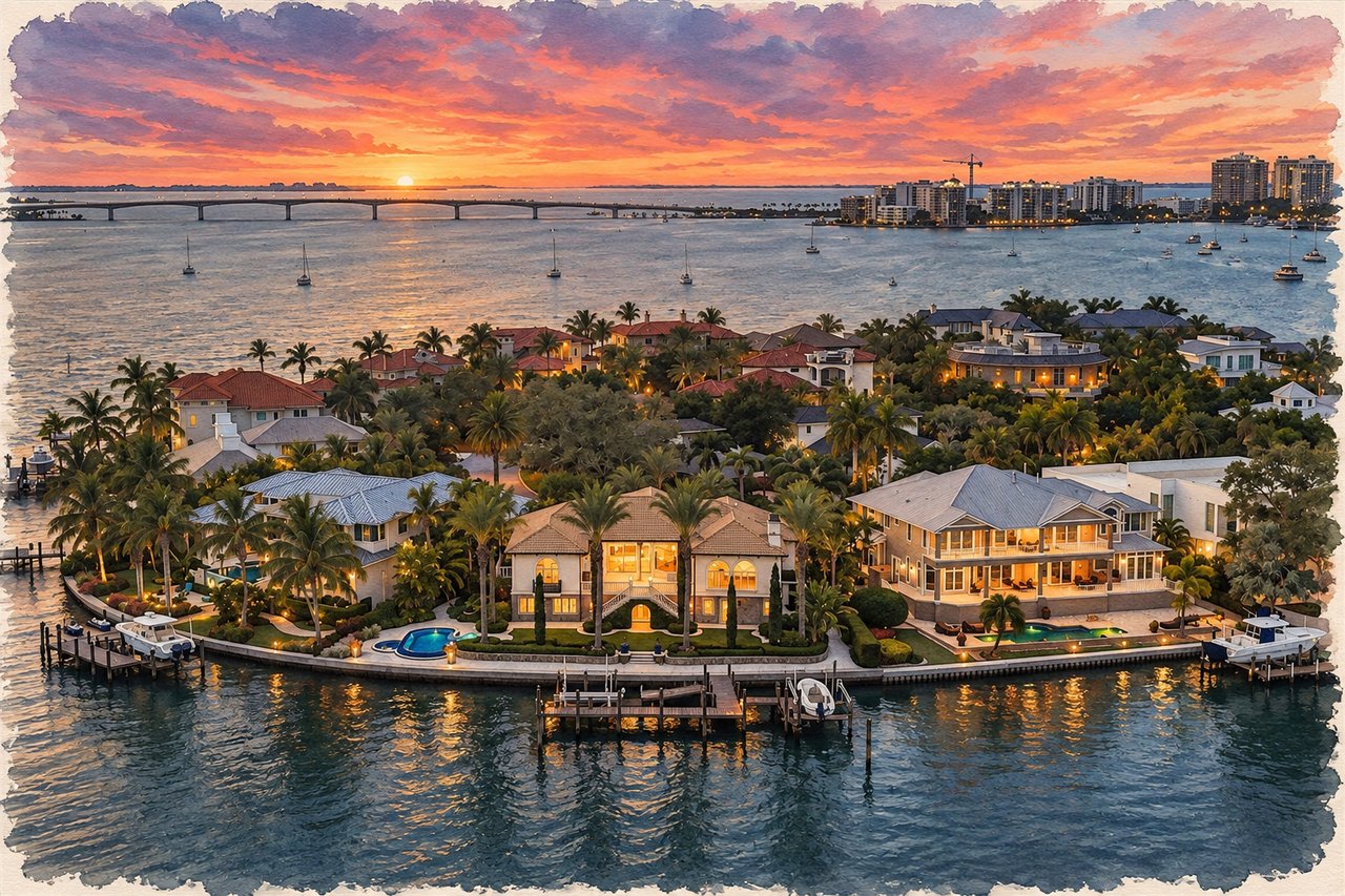 Aerial view of waterfront homes and docks at sunset, with boats and a distant bridge.